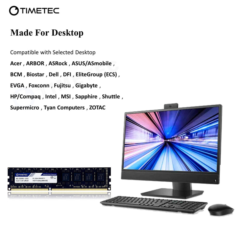  [AUSTRALIA] - Timetec 8GB DDR3 1333MHz PC3-10600 Non-ECC Unbuffered 1.5V CL9 2Rx8 Dual Rank 240 Pin UDIMM Desktop Memory RAM Module Upgrade (8GB)