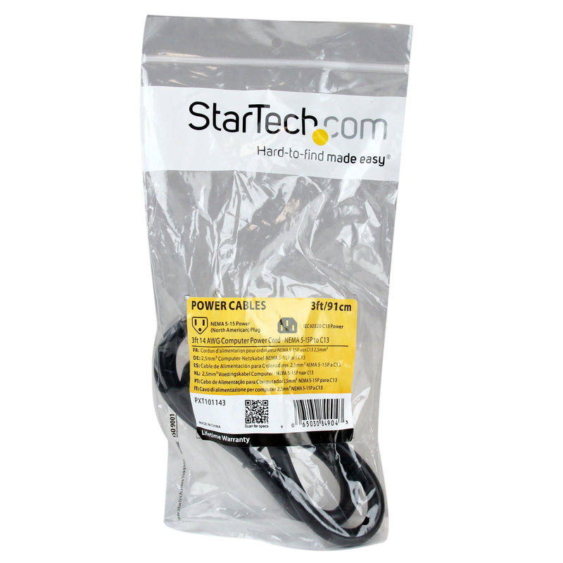  [AUSTRALIA] - StarTech.com 3 ft 14AWG Computer Power Cord - NEMA5-15P to C13 14 AWG Desktop PC Monitor Power Cable (PXT101143) 3 ft/1 m