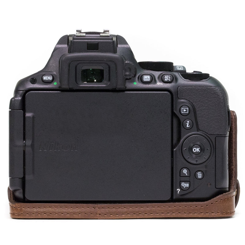  [AUSTRALIA] - MegaGear Nikon D5600, D5500 Ever Ready Leather Camera Half Case and Strap, with Battery Access - Dark Brown - MG1171