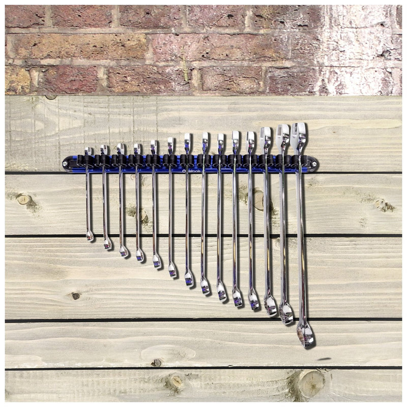 [AUSTRALIA] - Olsa Tools Wall Mount Wrench Organizer with Rotating Clips | Blue Anodized Aluminum + Black Clips | Premium Quality Wrench Holder | 14 Wrenches Fit Rack Blue Aluminum + Black Clips