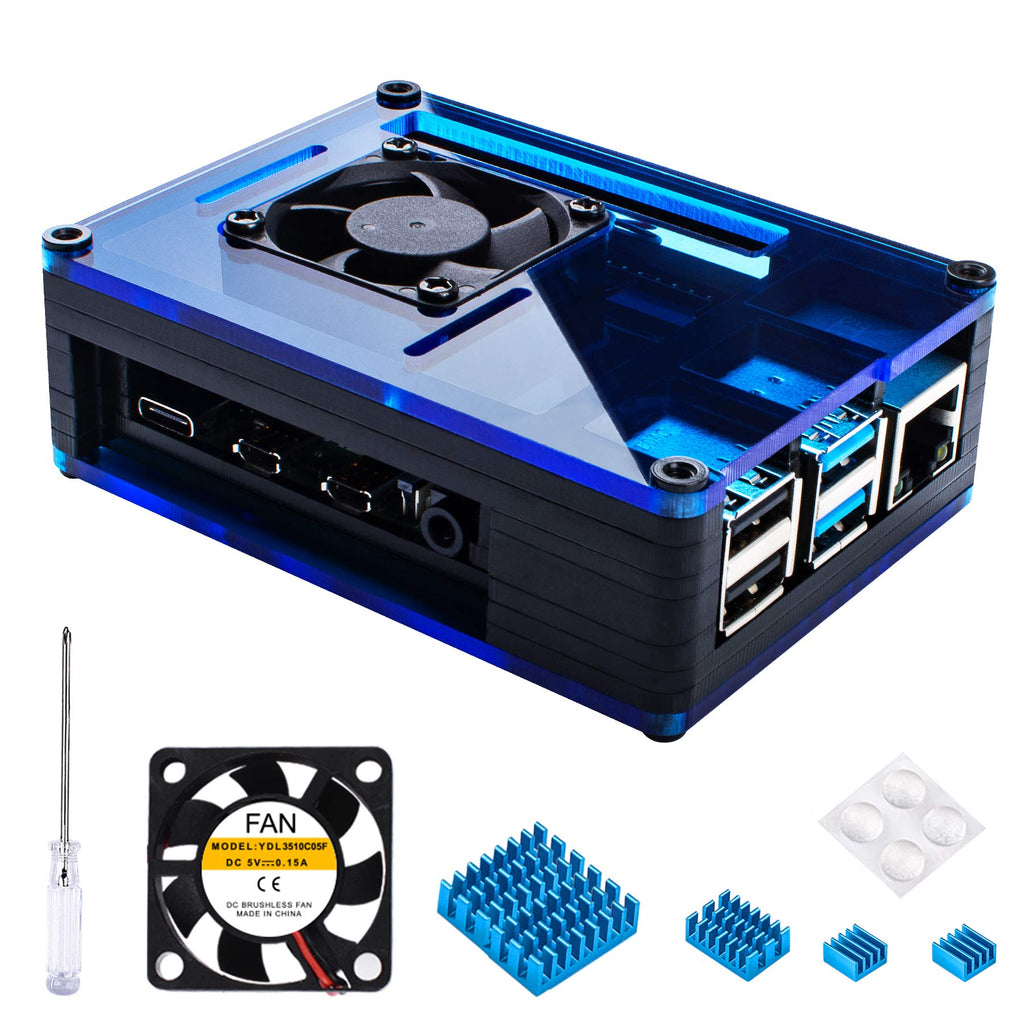  [AUSTRALIA] - Miuzei Case for Raspberry Pi 4 with 35mm Cooling Fan and 4 pcs Aluminum Heat Sinks for Raspberry Pi 4 Model B (Pi 4 Board Not Included)-Black/Blue