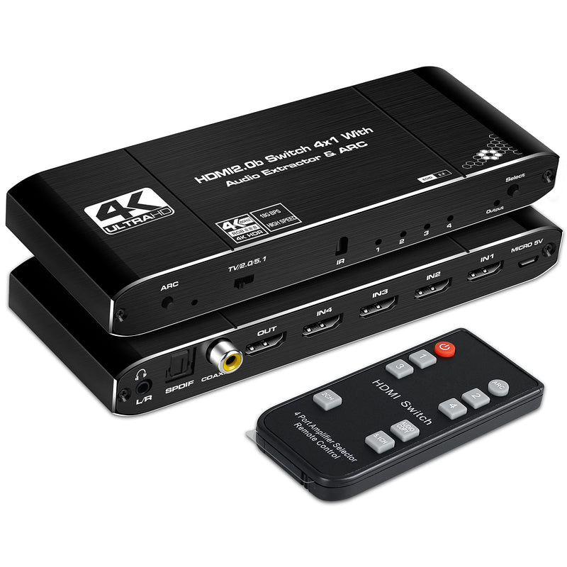  [AUSTRALIA] - NEWCARE 4K@60Hz 4x1 HDMI Switch Audio Extractor with Optical Toslink SPDIF/Coaxial/3.5mm Audio Out, 4 Ports HDMI 2.0b Switcher with Remote Control Support ARC, HDCP 2.2, 3D, for Xbox, Fire Stick, PS5 Black