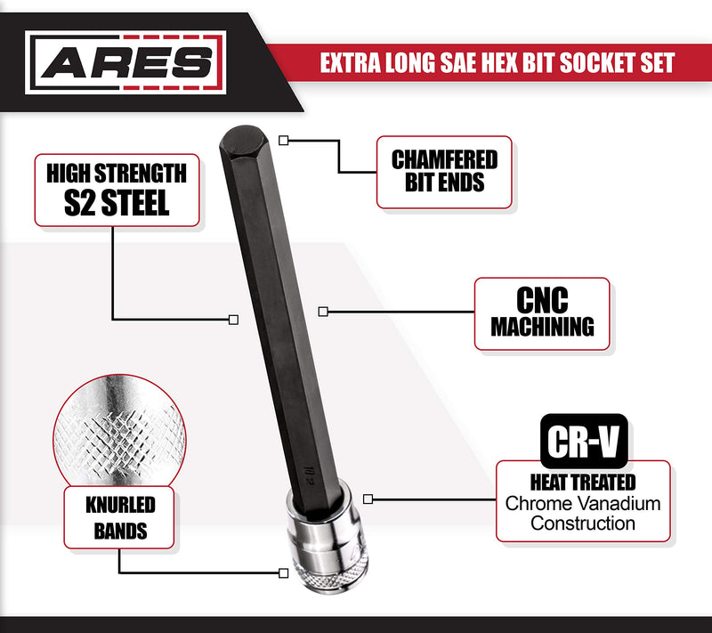  [AUSTRALIA] - ARES 39006 - Extra Long SAE Hex Bit Socket Set - S2 Bit Provides Greater Torque - Convenient Storage Rail Included - Heat Treated Chrome Vanadium Steel Sockets Extra Long SAE Hex Bit Socket Set with Rail