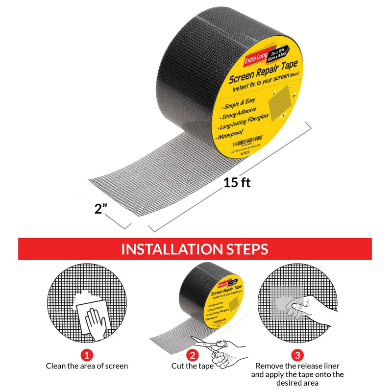  [AUSTRALIA] - Screen Repair kit. Window Screen Repair Tape. Premium Strong Adhesive (2"x180"(15ft), Black) 2"x180"(15ft)