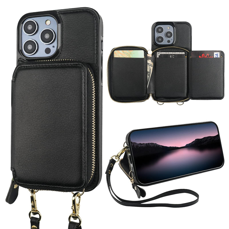  [AUSTRALIA] - Bocasal RFID Blocking Wallet Case for iPhone 14 Pro, Adjustable Crossbody Zipper Purse Case Card Holder with Kickstand Detachable Wrist Strap, PU Leather Flip Folio Case 6.1 Inch 5G (Black) Black