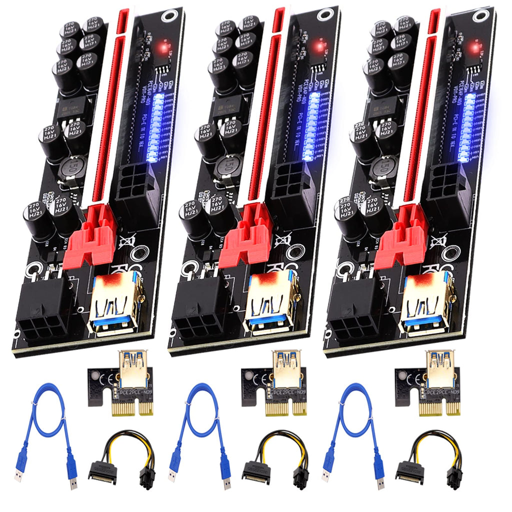  [AUSTRALIA] - IIAzimps GPU Riser Card V011 Pro 10 Capacitors PCI-E Riser Adapter PCI-Express 1X to 16X Extension Cable for Bitcoin Ethereum Mining Devices BTC ETH Miner Rigs (3 Pcs Pack) 3 Pcs Pack