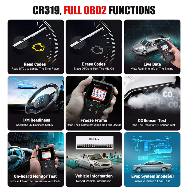 LAUNCH OBD2 Scanner CR319 Automotive Check Engine Code Reader Car Diagnostic Scan Tool Checks O2 Sensor EVAP Test with DTC Lookup Full OBDII Functions - LeoForward Australia