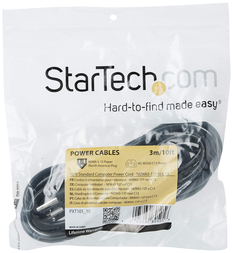  [AUSTRALIA] - StarTech.com 10 Ft Standard Computer Power Cord (NEMA 5-15P to IEC 320 C13) - 18 AWG Replacement AC Power Cable for PC or Monitor - 125V, 10A (PXT101_10) 10 ft/3 m 1 Pack
