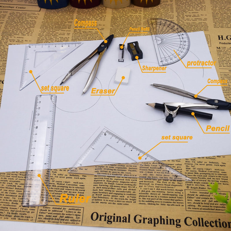 SAYEEC Compass Set Professional Geometry Math Kit 10pcs Precision Compass Drawing Tool with Pencil for Student, School Suppler Ruler, Protractor, Set Square Eraser Pencil Sharpener - LeoForward Australia