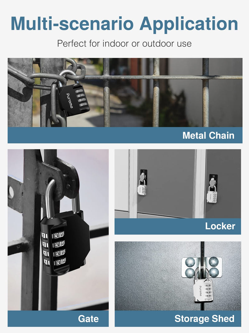  [AUSTRALIA] - Puroma 2 Pack 4 Digit Combination Locks Outdoor Waterproof Padlock for School Gym Locker, Hasp Cabinet, Gate, Fence, Toolbox (Silver & Black)