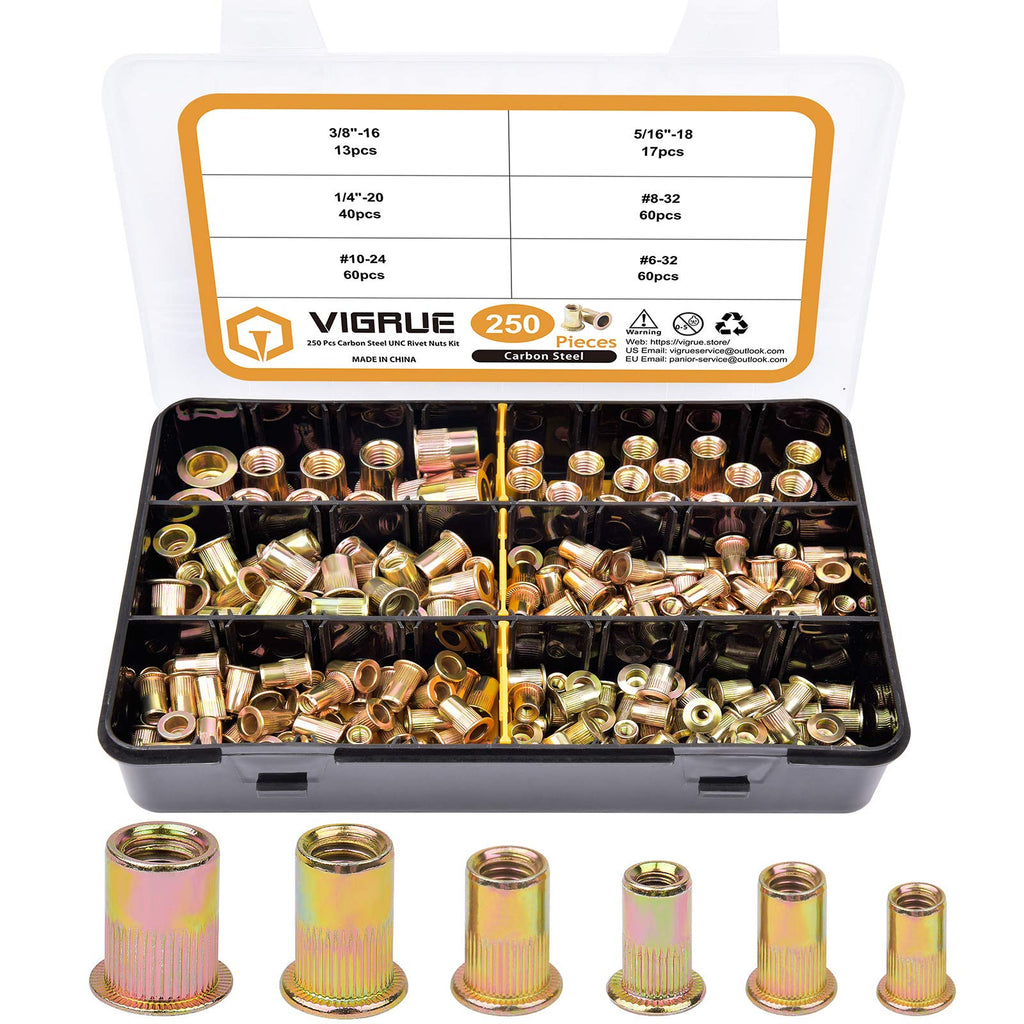  [AUSTRALIA] - VIGRUE 250pcs #6-32#8-32#10-24 1/4"-20 5/16"-18 3/8"-16 Carbon Steel UNC Rivet Nuts Rivnut Assortment Kit, Yellow Zinc Plated Finish, Flat Head Threaded Insert Nutserts Assort Inch 250pcs