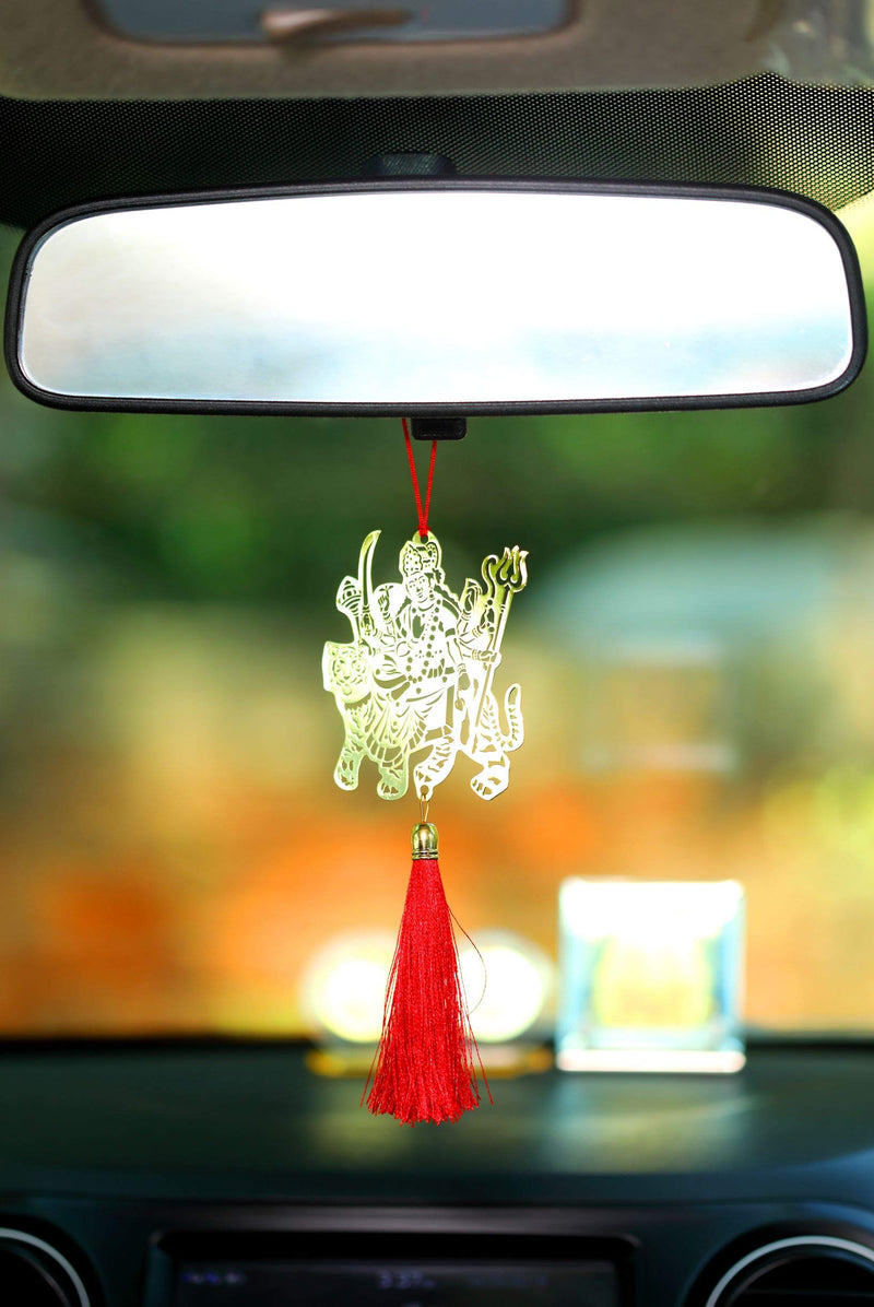 ADORAA Handcrafted Durgaa Maa/Devi Maa/Maata Rani/Sherawaali Rear View Mirror Car Hanging Ornament/Car Pendant/Amulet for car, Perfect Car Charm/Accessories for Car Décor in Brass - LeoForward Australia
