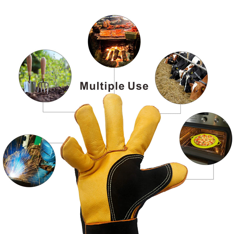  [AUSTRALIA] - KIM YUAN Extreme Heat/Fire Resistant Gloves Leather with Kevlar Stitching, Mitts Perfect for Welding/Oven/Grill/BBQ/Mig/Fireplace/Stove/Pot Holder/Tig Welder/Animal Handling, (14in-black) 14in-black