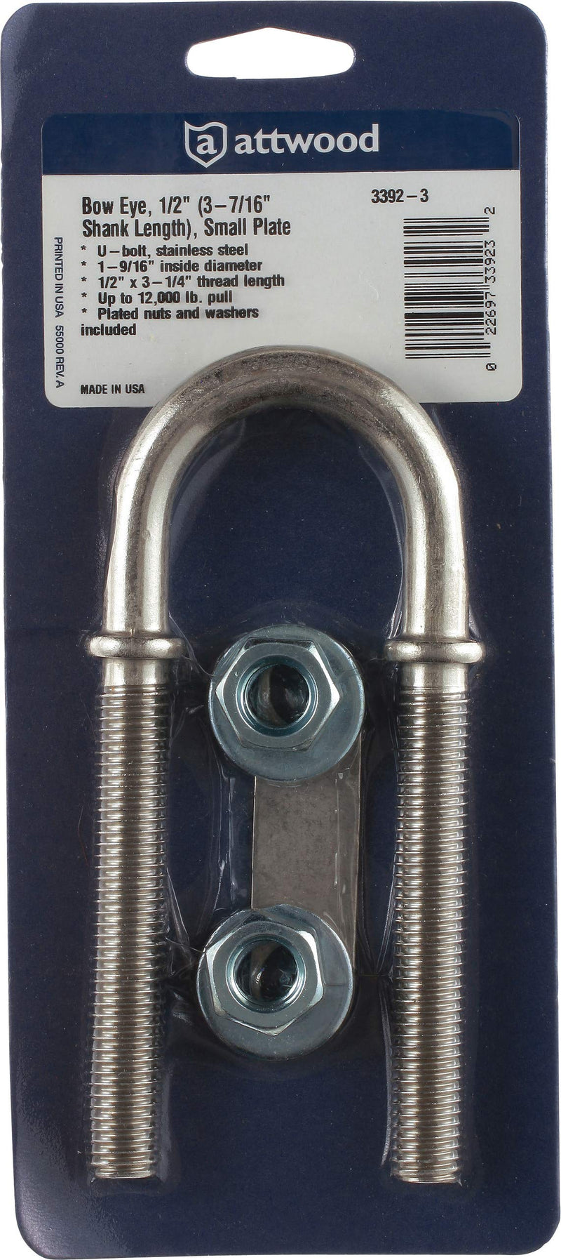  [AUSTRALIA] - Attwood 3392-3 Stainless Steel Bow Eye 7/16-Inch U-Bolt with Plated Nuts and Washers