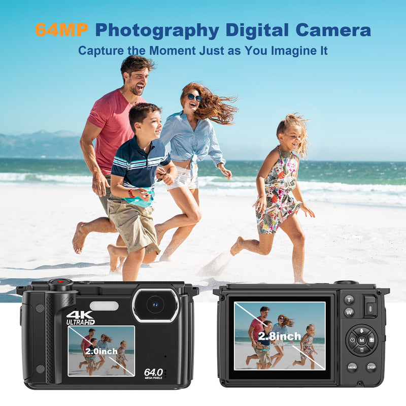 [AUSTRALIA] - 4K 64MP Digital Camera for Photography, Compact Vlogging Camera for YouTube with Auto Focus, Selfie Screens,32GB SD Card,Point&Shoot Camera with WiFi 18X Zoom,Travel Video Camera for Beginners Kids