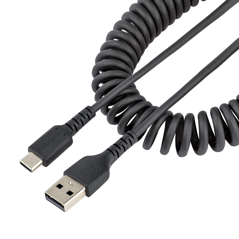  [AUSTRALIA] - StarTech.com 3ft (1m) USB A to C Charging Cable, Coiled Heavy Duty Fast Charge & Sync USB-C Cable, USB 2.0 A to Type-C Cable, Rugged Aramid Fiber, Durable Male to Male USB, Black (R2ACC-1M-USB-CABLE)