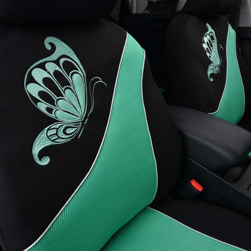  [AUSTRALIA] - Flying Banner Car Seat Covers 6 PCS Front Seats Polyester Cover Embroidered Butterfly Three-Dimensional (3D) Green with Black