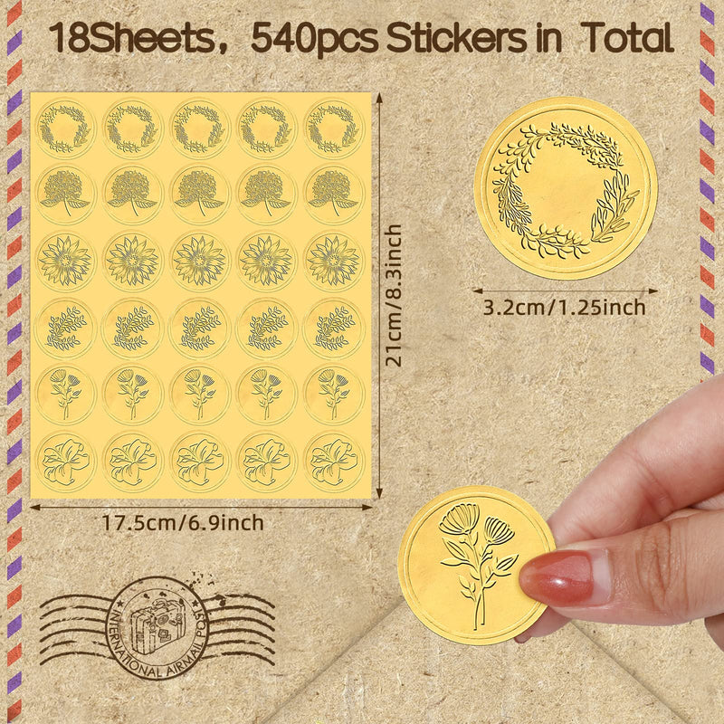  [AUSTRALIA] - 540 Pieces Gold Wax Seals Stickers Embossed Envelope Seal Stickers Gold Foil Self Adhesive Wax Stickers for Wedding Greeting Cards Invitations Party Certification, 6 Patterns (Flower) Flower