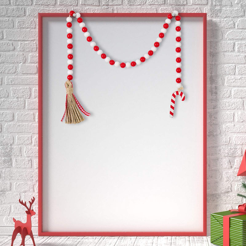  [AUSTRALIA] - Christmas Wooden Bead Wreath with Tassels, Decorated with Candy Canes, Wood Bead Garland Wreath for Christmas Decorations, Farmhouse Wall Hanging Ornaments