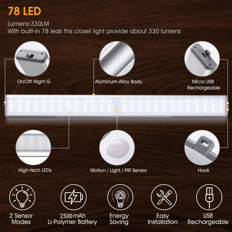 MOSTON Super Bright Rechargeable Closet Lights 78LED, Homelife Motion Sensor LED Light Under Cabinet Stick on Anywhere with Built-in Magnetic 15.8 x 0.6 x 1.6 inch - LeoForward Australia