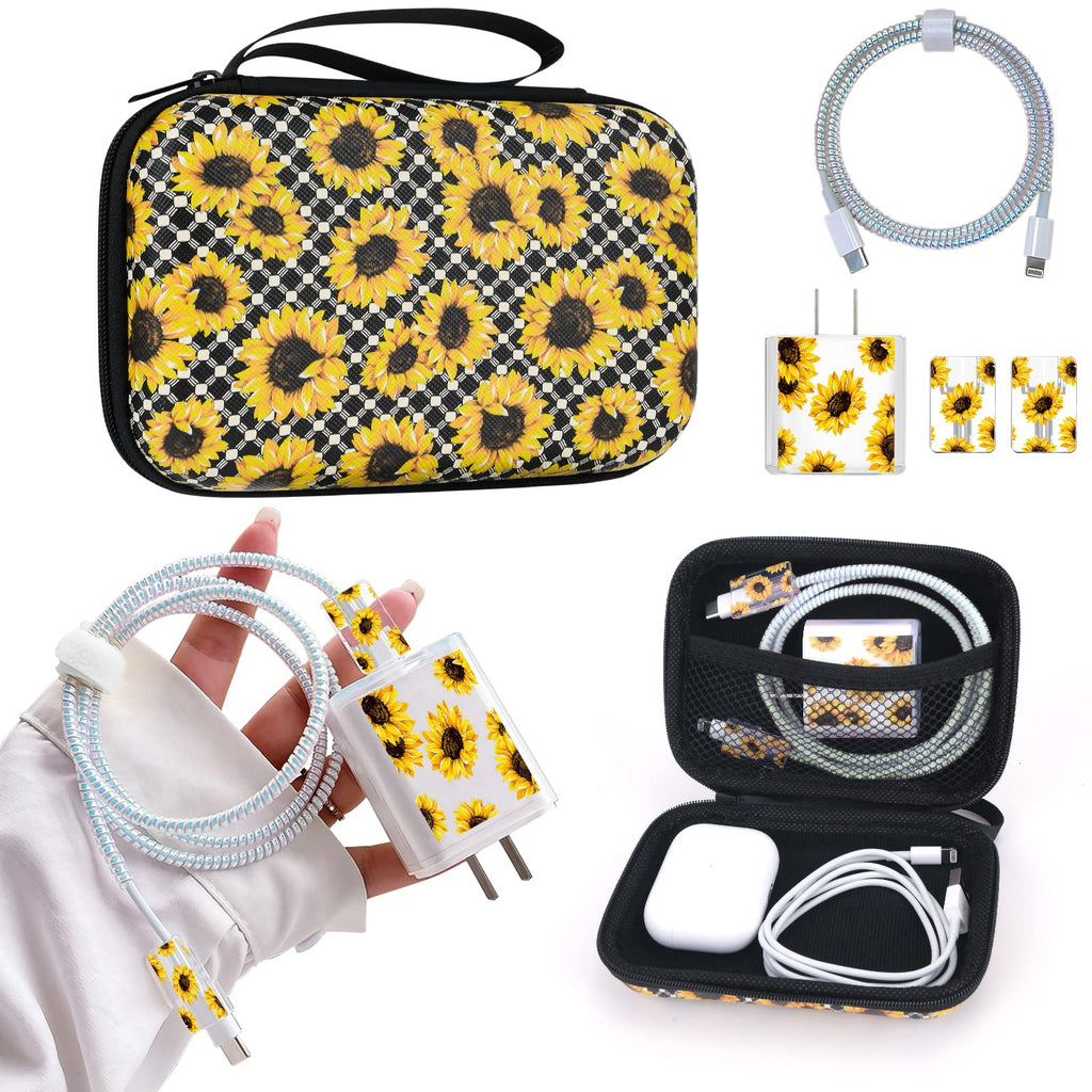  [AUSTRALIA] - Cute Phone Charger Protector Set with Storage bag Case Yellow Sunflowers Travel Carrying Bag Data Cable 20W USB Charger Data Line Cable Protector Cord Organizer, Lightning Cable Chomper,Charger Saver Compatible for iPhone