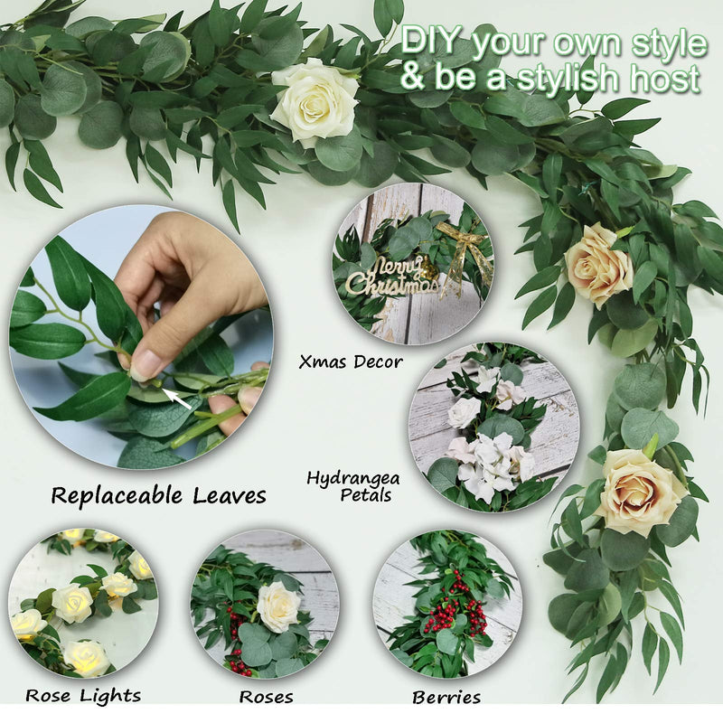  [AUSTRALIA] - Greentime 2 Pack 6.5 Feet Artificial Silver Dollar Eucalyptus Leaves Garland with Willow Vines Leaves Greenery Garland for Wedding Table Runner Centerpiece Arch Bridal Baby Shower Christmas Decor