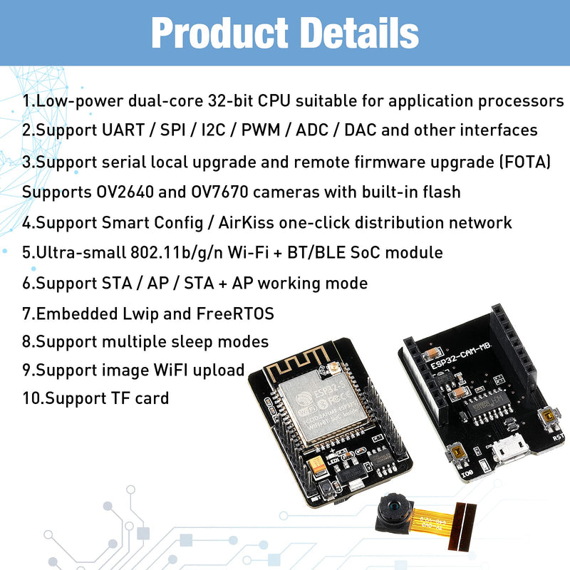  [AUSTRALIA] - 3 Pieces ESP32-CAM WiFi Board ESP32-CAM-MB Micro USB to Serial Port CH340G with OV2640 2MP Camera Module Development Board Compatible with Arduino IDE Arduino Raspberry Pi