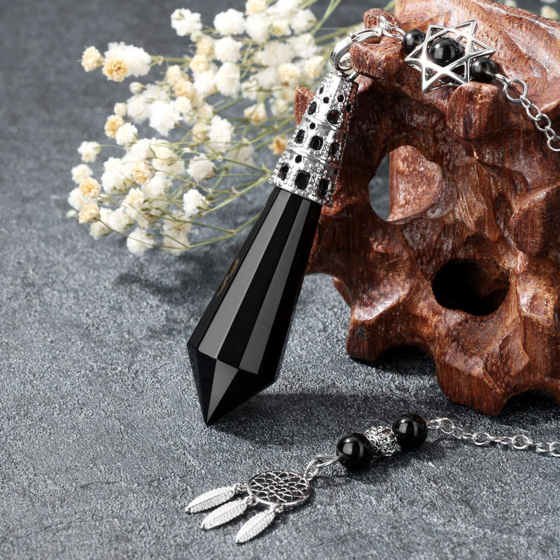  [AUSTRALIA] - Top Plaza 12 Facted Black Obsidian Healing Crystal Dowsing Pendulum Necklaces for Divination Reiki Wicca Witchcraft Supplies Balancing Pointed Pendant Pendulum with Dream Catcher Hexagram Charm Black Obisdian