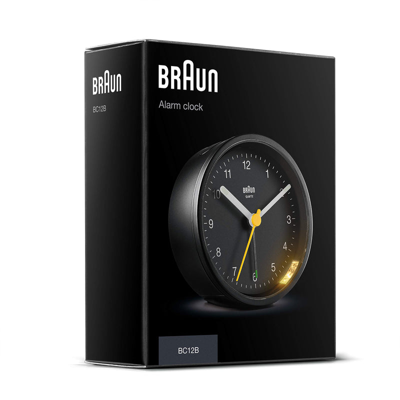  [AUSTRALIA] - Braun Classic Analogue Alarm Clock with Snooze and Light, Quiet Quartz Movement, Crescendo Beep Alarm in Black, Model BC12B.