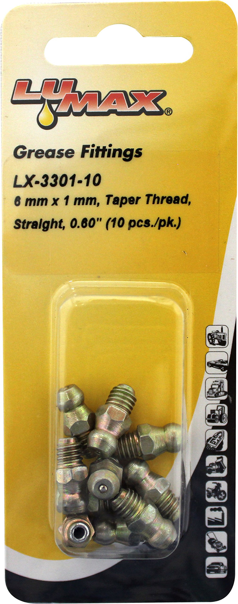 Lumax Gold/Silver LX-3301-10 6mm x 1mm Taper Metric Thread Straight 0.60" Long Grease Fitting, (Pack of 10). Heavier Wall Thickness for Extra Strength, 10 Pack - LeoForward Australia