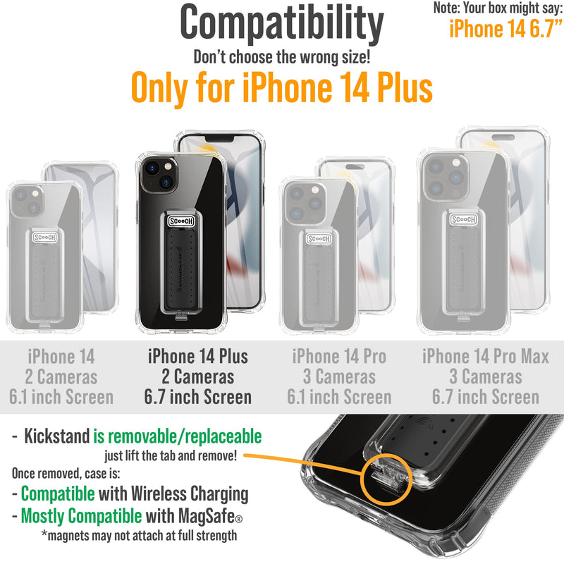  [AUSTRALIA] - Scooch iPhone 14 Plus Case with Stand, Phone Grip, and Car Vent Mount [Wingman] with $100 Device Coverage, Military Grade Drop Protection, Three-Way Kickstand, Works w/Magnetic Car Mounts (Clear) Clear