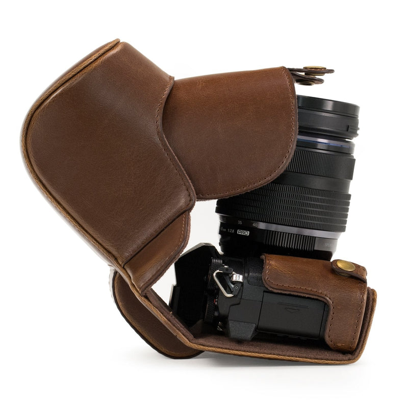  [AUSTRALIA] - MegaGear Ever Ready Leather Camera Case Compatible with Olympus OM-D E-M5 Mark II 12-40mm Dark Brown