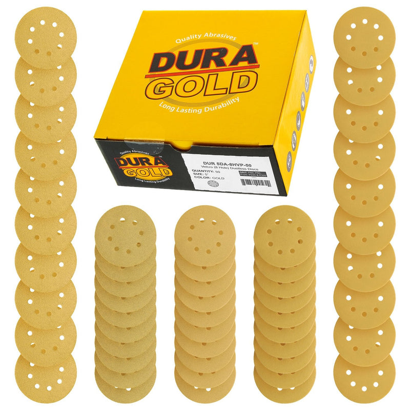  [AUSTRALIA] - Dura-Gold Premium - Variety Pack - 5" Gold Sanding Discs - 8-Hole Dustless Hook and Loop - 10 Each of Grit (60, 80, 120, 220, 320) - Box of 50 Sandpaper Finishing Discs for Woodworking or Automotive Variety Pack - 50 Discs