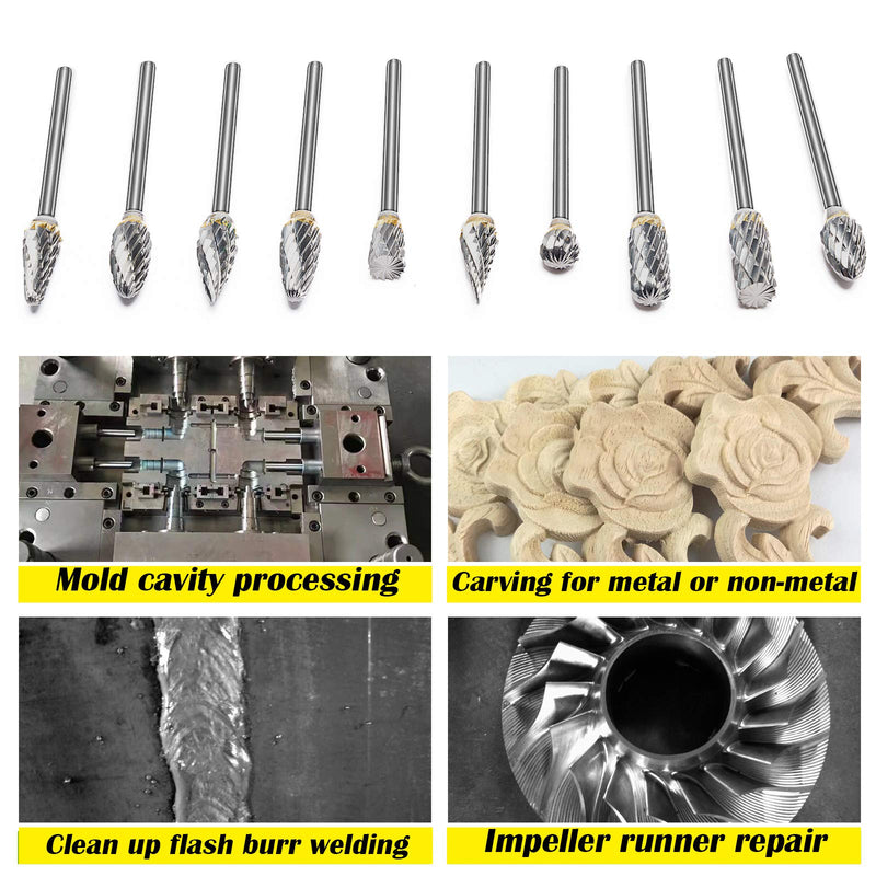 Canitu 10Pcs Rotary Burr Set Tungsten Steel Carbide Burrs Double Cut Die Grinder Bits Rotary Tool Accessories for Wood Carving Tools, Metal Engraving, Polishing, Drilling | 1/8" Shank, 1/4" Head - LeoForward Australia