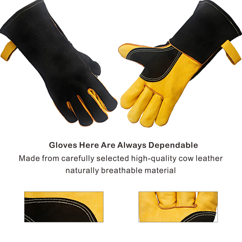  [AUSTRALIA] - KIM YUAN Extreme Heat/Fire Resistant Gloves Leather with Kevlar Stitching, Mitts Perfect for Welding/Oven/Grill/BBQ/Mig/Fireplace/Stove/Pot Holder/Tig Welder/Animal Handling, (14in-black) 14in-black