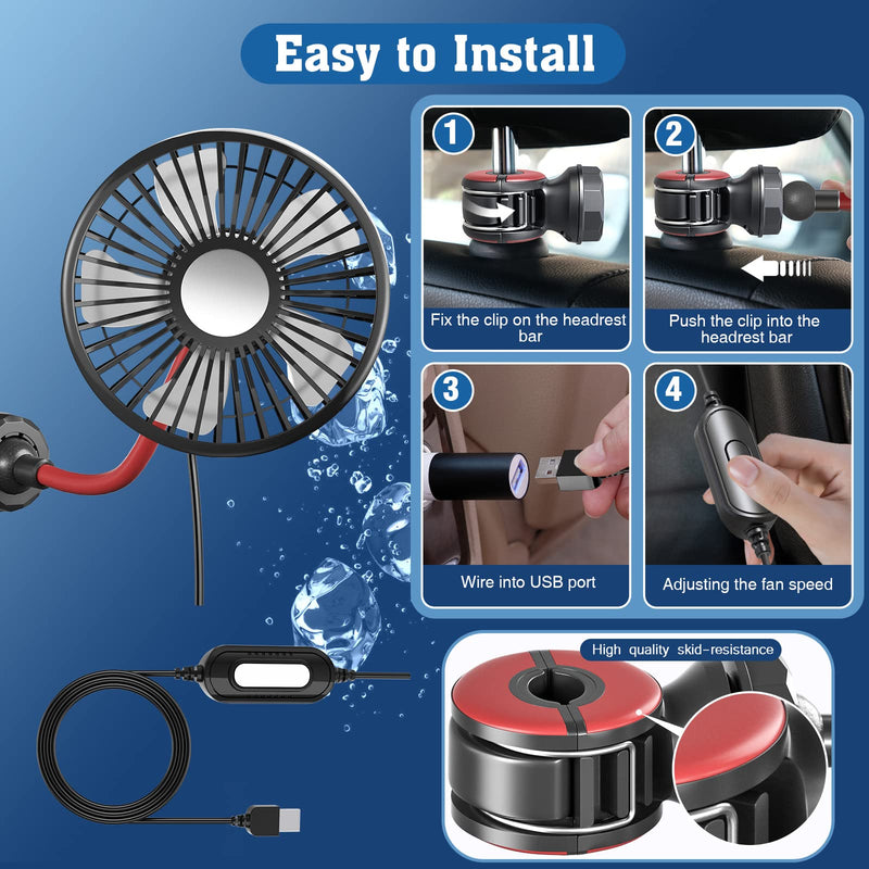  [AUSTRALIA] - Trustnice Car Fan, USB Portable Fan for Car Backseat Fan, 360 Degree Rotatable 3 Speeds Strong Wind 5V Quiet Ventilation Fan with Adjustable Clip Electric Car Seat Fan for Vehicles RV SUV Truck Black+Red