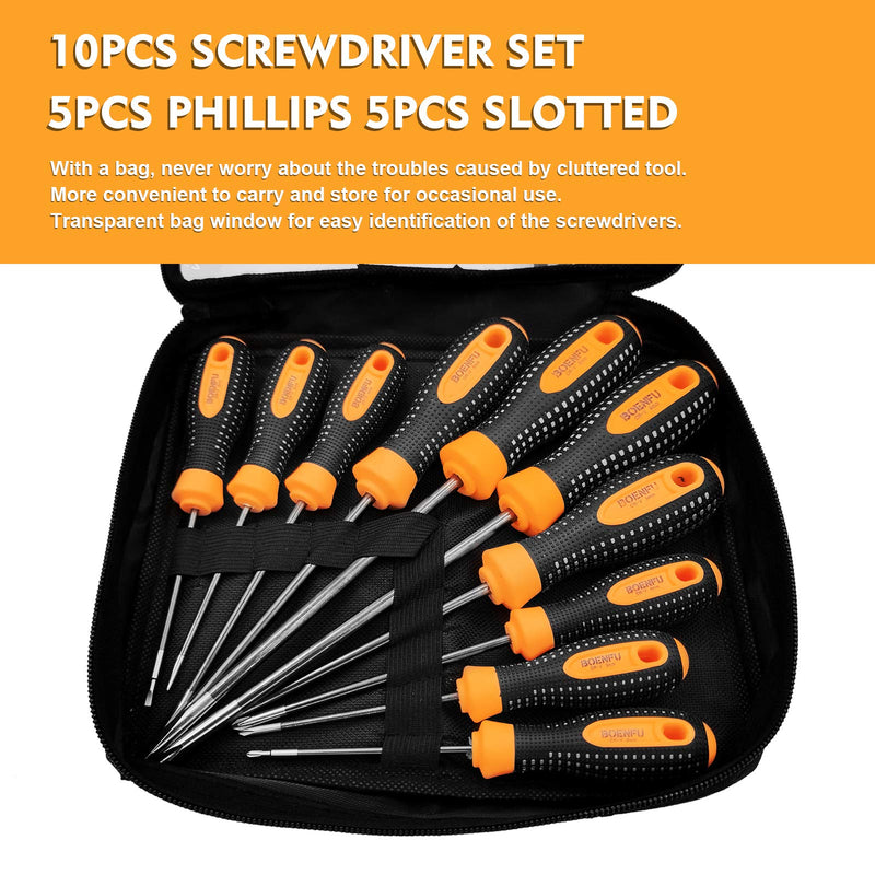 BOENFU 10-Piece Phillips and Slotted Magnetic Screwdriver Set Flathead Cross Tip Screwdrivers Hand Tool with Carry Bag 2mm 3mm 4mm 5mm 6mm Security Screwdriver Set for Repair Home Improvement Craft - LeoForward Australia