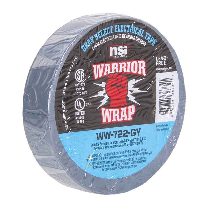  [AUSTRALIA] - NSi Industries WarriorWrap Select 3/4 in. x 60 ft. 7 mil Vinyl Electrical Tape, Gray (WW-722-GY)