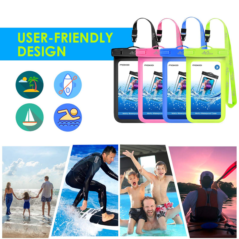  [AUSTRALIA] - MoKo Waterproof Phone Pouch Holder [4 Pack], Underwater Phone Case Dry Bag with Lanyard Compatible with iPhone 13/13 Pro Max/iPhone 12/12 Pro Max/11 Pro Max, X/Xr/Xs Max, Samsung S21/S10/S9, Note 10 Black+Pink+Dark Blue+Green