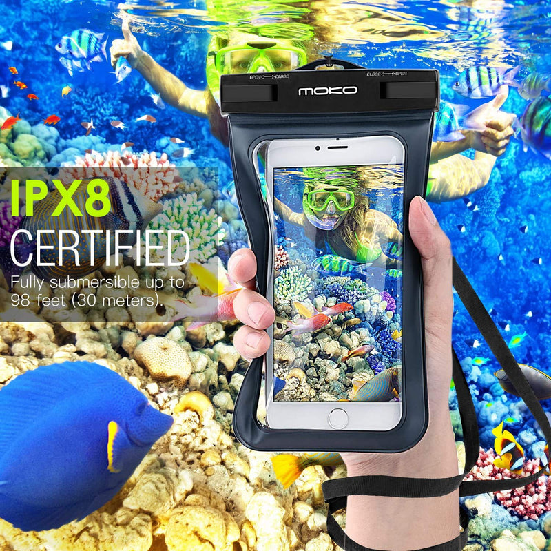  [AUSTRALIA] - MoKo Waterproof Phone Pouch Holder, Underwater Cellphone Case Dry Bag with Lanyard Armband Compatible with iPhone 13/13 Pro Max/iPhone 12/12 Pro Max/11 Pro Max, Xr/Xs Max, 8, Samsung S21/S20/S10/S9 Black