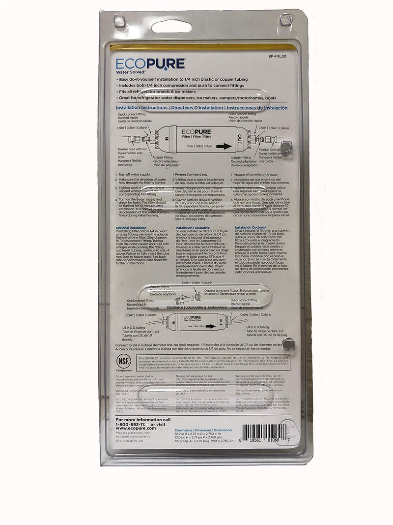 EcoPure EPINL30 5 Year in-Line Refrigerator Filter-Universal Includes Both 1/4" Compression and Push to Connect Fittings - LeoForward Australia