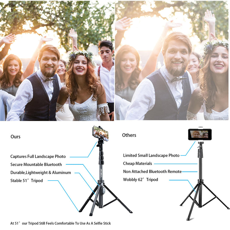  [AUSTRALIA] - Fugetek 51" Professional Selfie Stick Tripod, 100% All Aluminum Stick & Legs, Lightweight, Detachable Bluetooth Remote, Portable All in One, Compatible with iPhone & Android, Non Skid Feet, Black