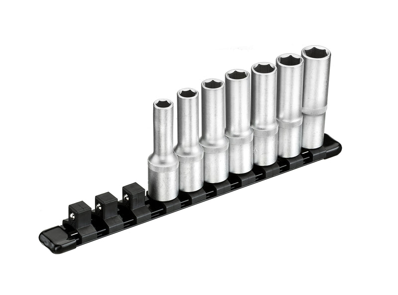  [AUSTRALIA] - ARES 70344-1/2-Inch Drive Black 9.84-Inch Aluminum Socket Organizer - Store up to 10 Sockets and Keep Your Tool Box Organized - Sockets Will Not Fall Off this Rail 1/2" Drive 9.84" Socket Rail