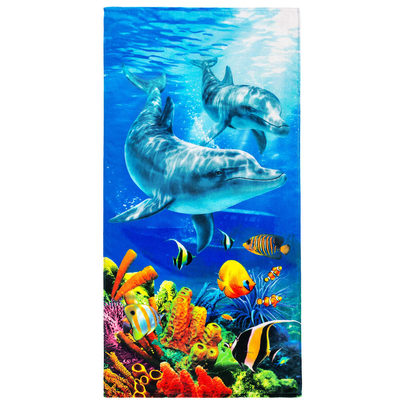  [AUSTRALIA] - Softerry Dolphins Beach Towel 30 x 60 inch 100% Cotton Coral Reef and Fishes Tropical Island (Dolphins, One Towel)