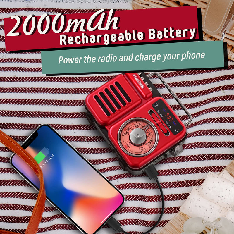  [AUSTRALIA] - FosPower 2000mAh Emergency Weather Radio, Retro Style Portable Radio with 5.0 Bluetooth Speaker, Hand Crank, Solar Charging, AM/FM/WB, Flashlight & SOS Alarm (Red)