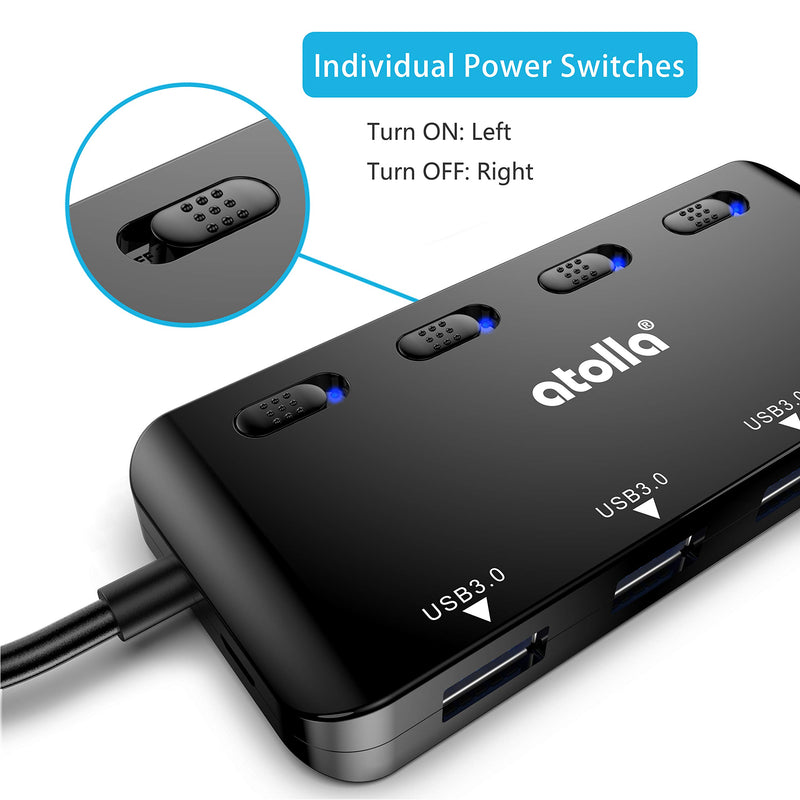 USB 3.0 HUB, atolla USB Hub with SD/Micro SD Card Reader, USB Splitter with 3 USB Ports, 2 Card Slots and Individual LED Power Switches Black - LeoForward Australia