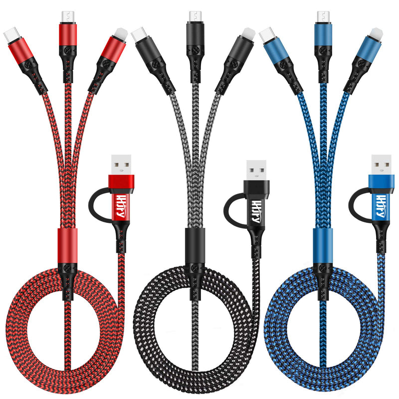  [AUSTRALIA] - 6 in 1 Multi Charging Cable LHJRY 3Pack 4ft Multiple Charge Cord USB A/C to Phone USB C Micro USB Connector Fast Charging Cord Compatible with Cell Phones Tablets and More - (Red,Black,Blue)