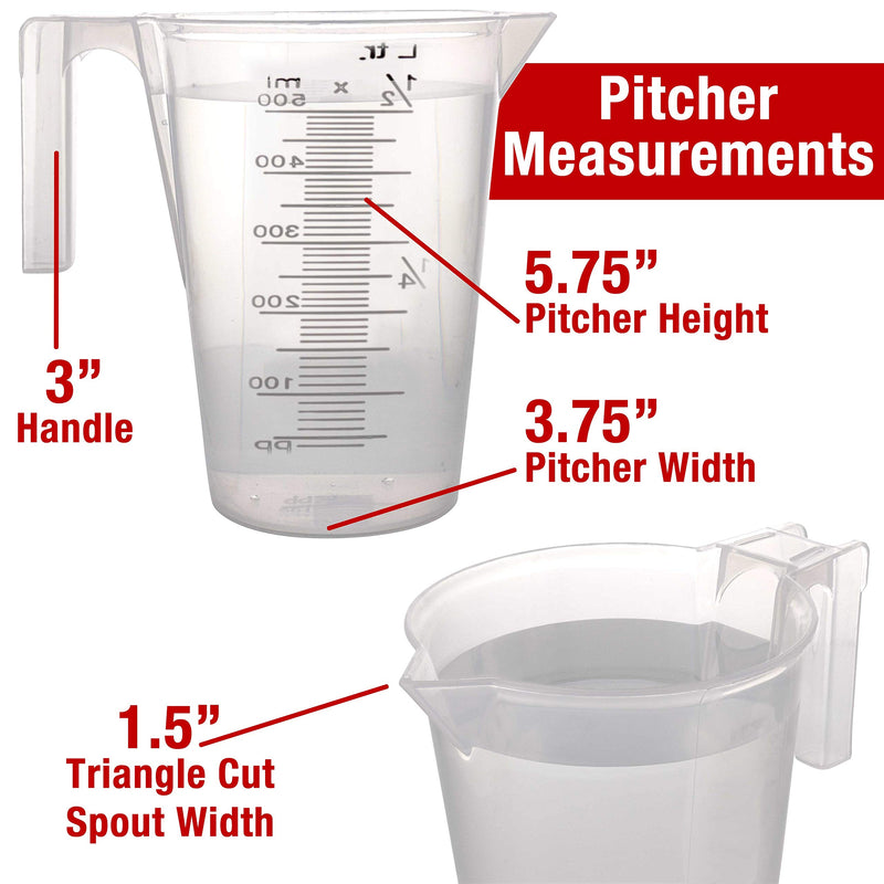  [AUSTRALIA] - TCP Global 1/2 Liter (500ml) Plastic Graduated Measuring and Mixing Pitcher (Pack of 6) - Holds Over 1 Pint (16oz) - Pouring Cups, Measure & Mix Paint, Resin, Epoxy, Kitchen Cooking Baking Ingredients 500ml