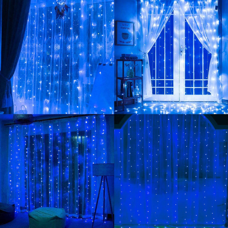  [AUSTRALIA] - Funpeny Window Curtain String Lights, 300 LED 8 Lighting Modes Fairy Lights USB Powered, Waterproof Lights for Christmas Bedroom Party Wedding Home Garden Wall Decorations, Blue