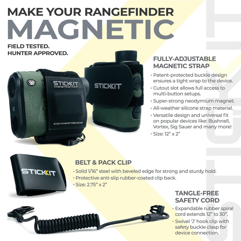  [AUSTRALIA] - STICKIT Magnetic Strap for Hunting Rangefinder, Securely Attaches to Belt, Pack, Gear, Stand or Blind, Silent Hold with Metal Clip and Safety Cord - Rangefinder Not Included